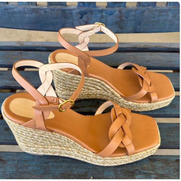 Stuart Weitzman Braida Espadrille Wedge Sandal Tan Leather Women 11B Made Spain - Picture 1 of 10